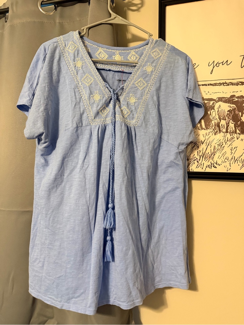 Sonoma Light Blue Embroidered V-Neck Tassel Top